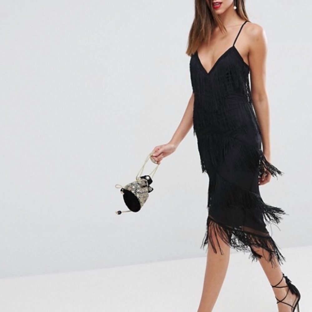 Strappy black fringe dress with sheer back